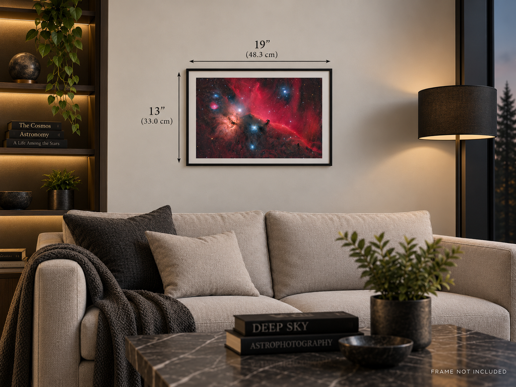 Horsehead and Flame Nebula astrophotography print displayed in a wall mockup