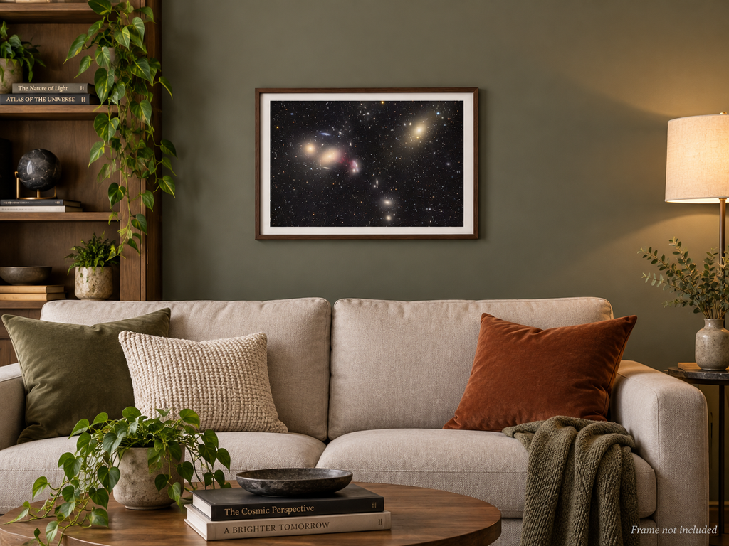 Markarian's Chain astrophotography print displayed in a wall mockup