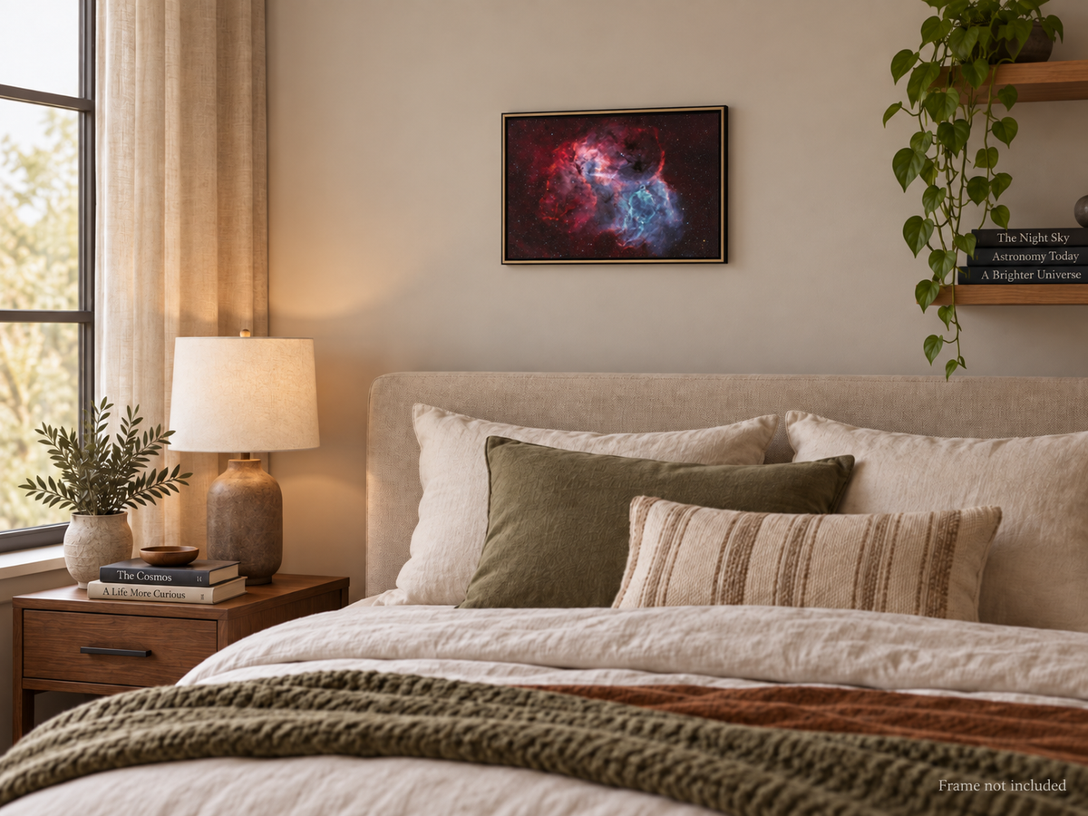 Sh2-132 Lion Nebula astrophotography print displayed in a wall mockup