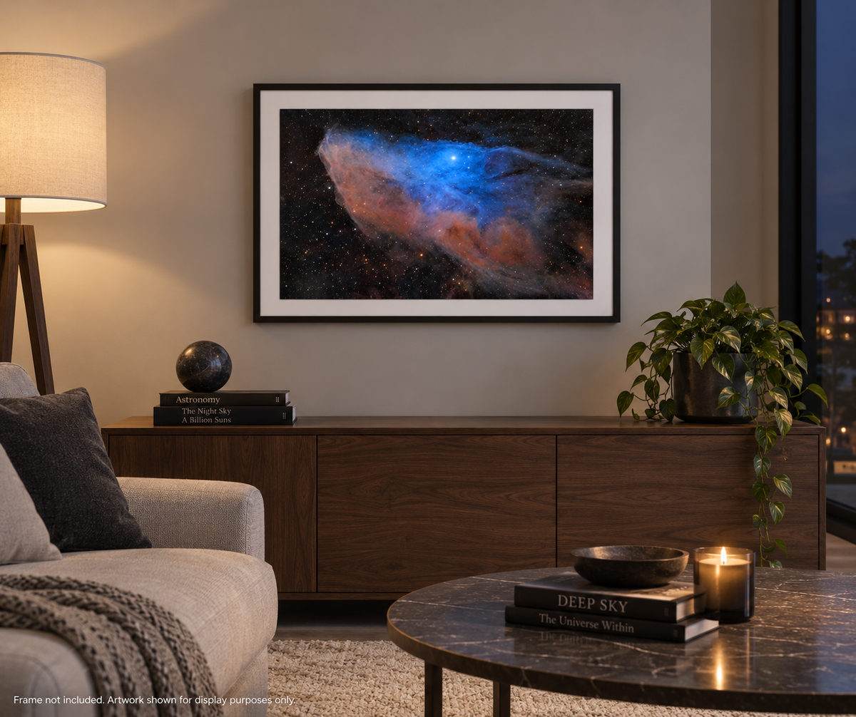 IC 4592 Blue Horsehead Nebula astrophotography print displayed in a wall mockup