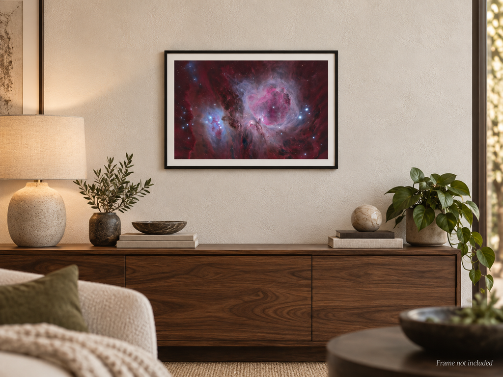 M42 Orion Nebula astrophotography print displayed in a wall mockup