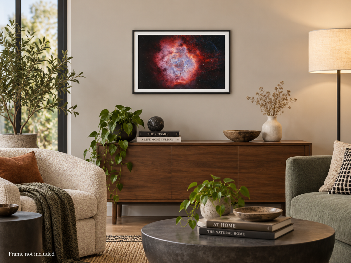 Rosette Nebula astrophotography print displayed in a wall mockup