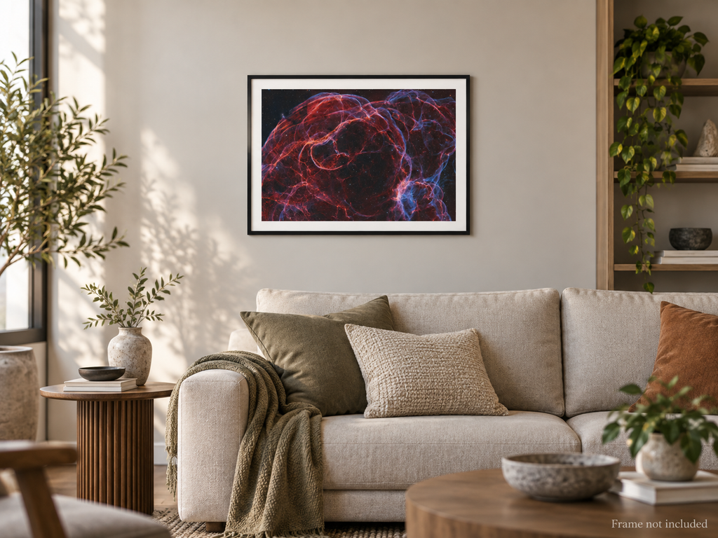 Simeis 147 Spaghetti Nebula astrophotography print displayed in a wall mockup
